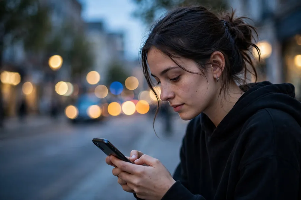Young person texting on a smartphone with a blurred city street at dusk in the background