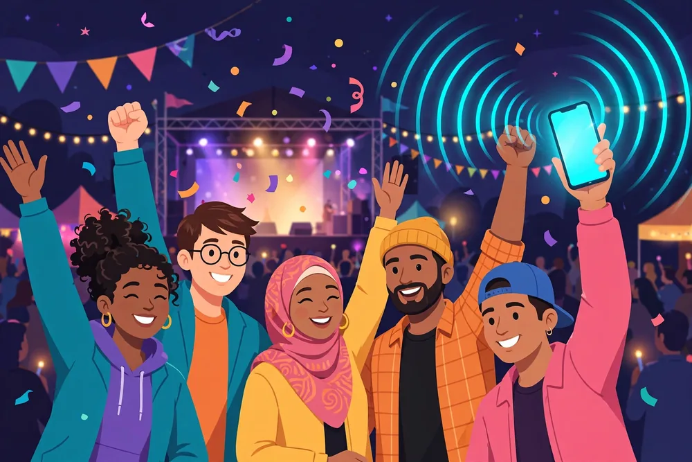 Friends at a concert with a glowing phone, showing fw slang for vibing with something