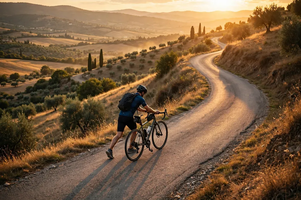 Cyclist pushing a bicycle up a steep winding hill road at golden hour
