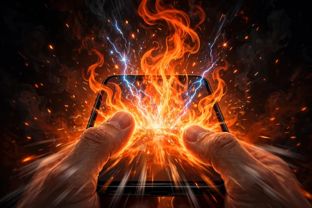 Thumbs typing on a smartphone with fiery emphasis graphics rising from the screen