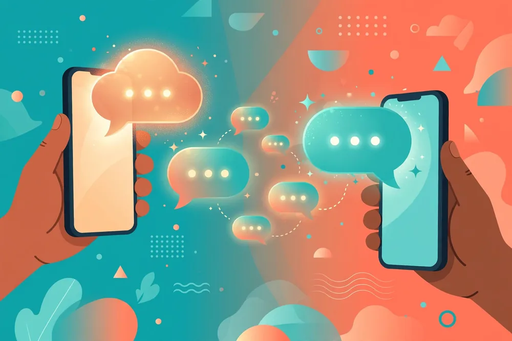 Two hands holding smartphones exchanging chat message bubbles with ellipsis dots.