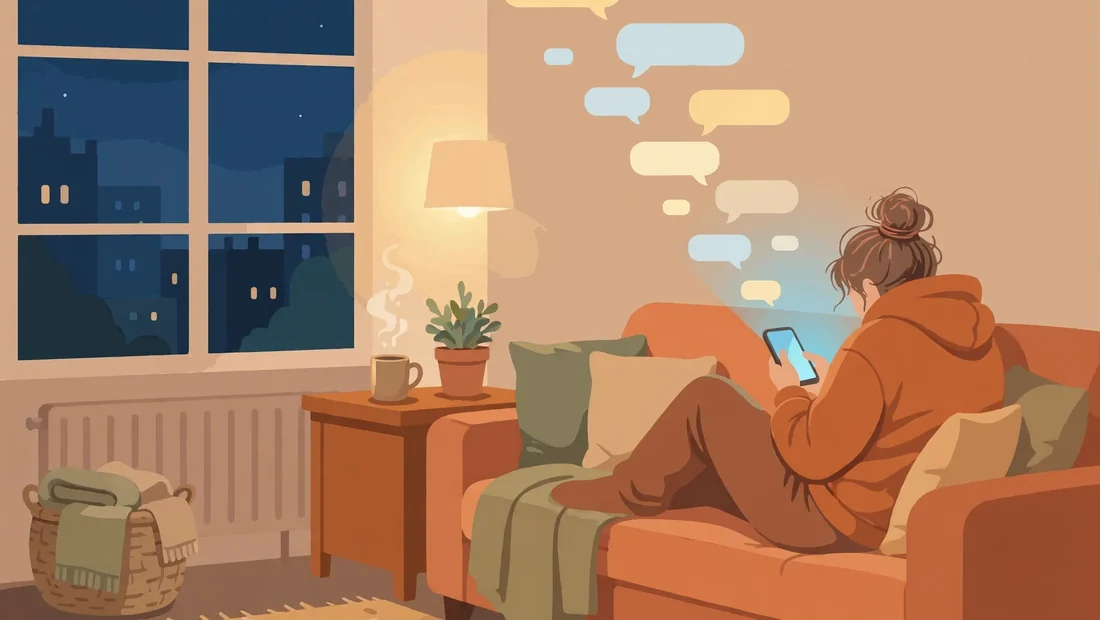 Person on a couch at night holding a glowing phone, showing the tired resigned mood of atp in texting