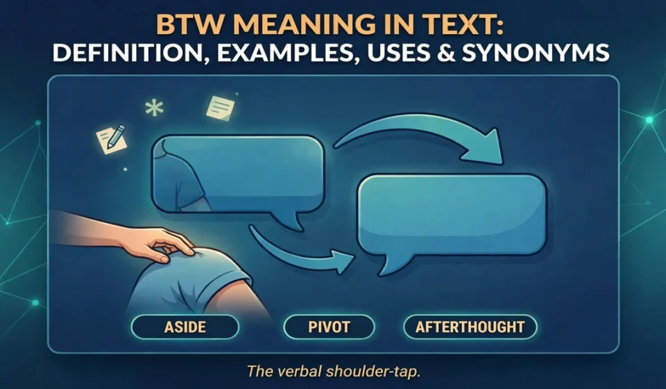 BTW meaning in text infographic: definition, examples, uses and synonyms