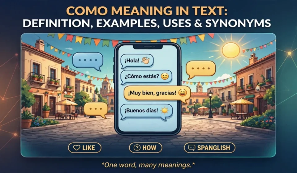 Como meaning in text infographic: definition, examples, uses and synonyms