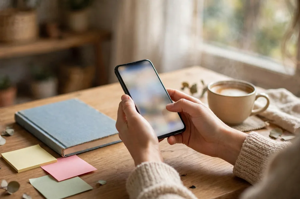 A person texting on a phone with Spanish phrasebook notes and a coffee on the desk