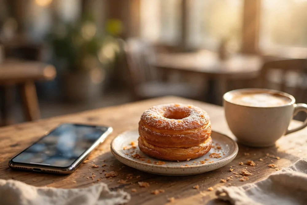 A smartphone showing a text conversation next to a cronut pastry on a cafe table