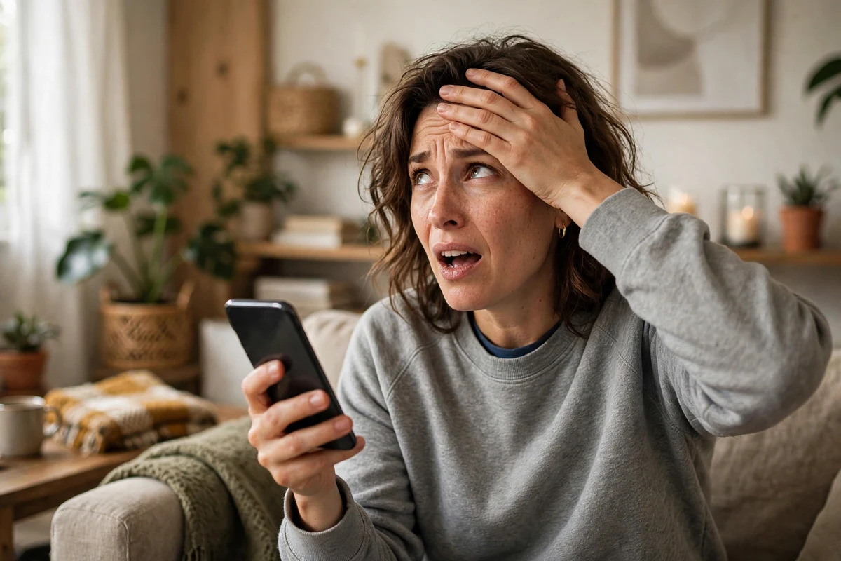 Exasperated person holding a smartphone with hand on forehead