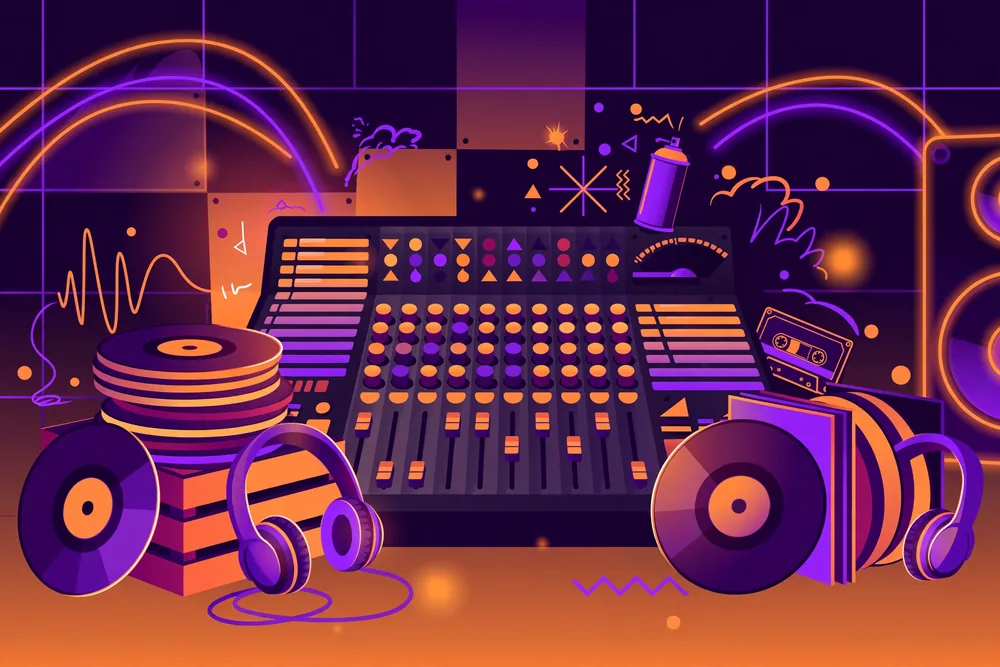 Flat illustration of stylish streetwear items including sneakers, cap and sunglasses on gradient background.