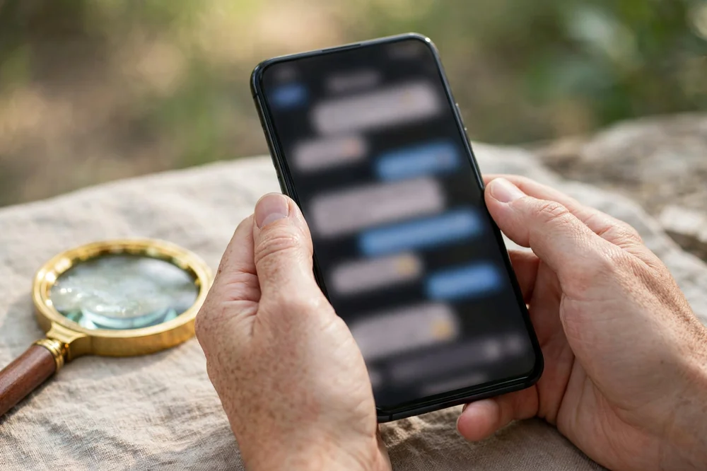 Hands holding a phone with a blurred messaging app under a magnifying glass concept