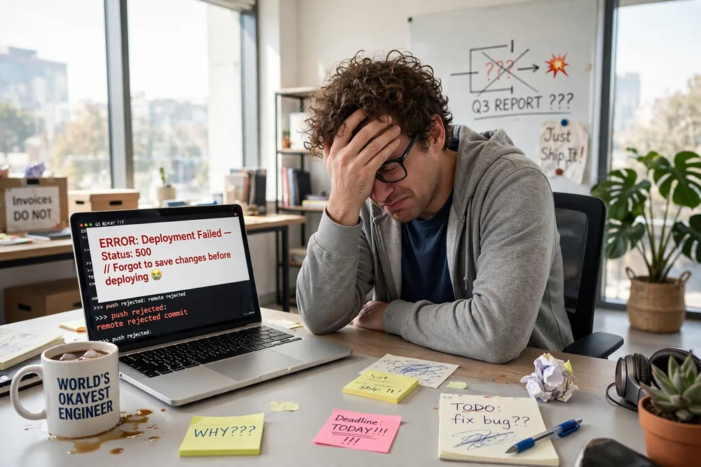 A person facepalming at a desk in front of a laptop in exaggerated comic frustration