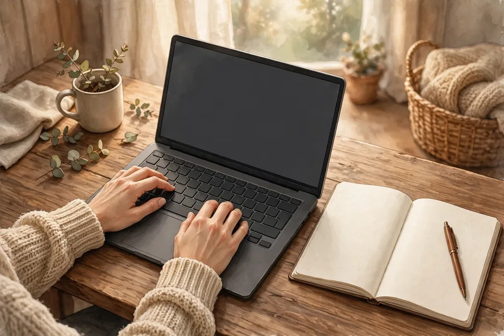 Hands typing on a laptop keyboard beside a notebook, representing thoughtful online communication.