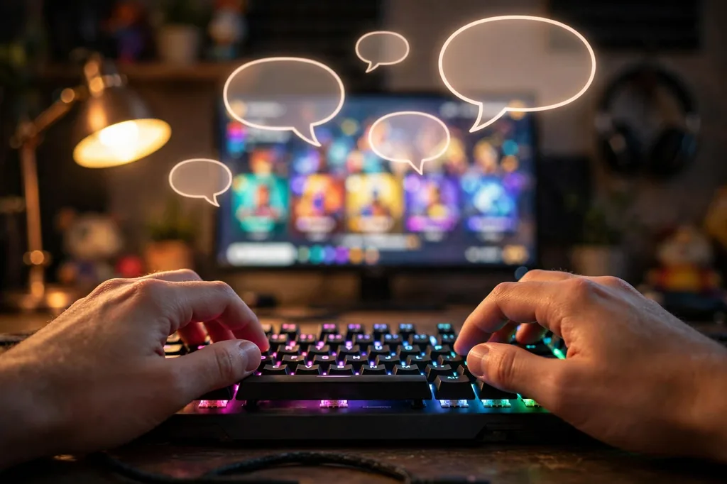 Close-up of hands on a backlit gaming keyboard with a chat speech bubble above the screen