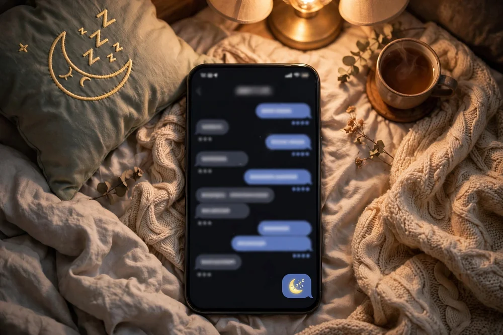 An overhead view of a phone on a bed showing a late-night chat ending with a goodnight message