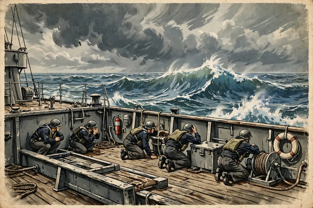 Sailors crouching low on a ship deck during a safety drill