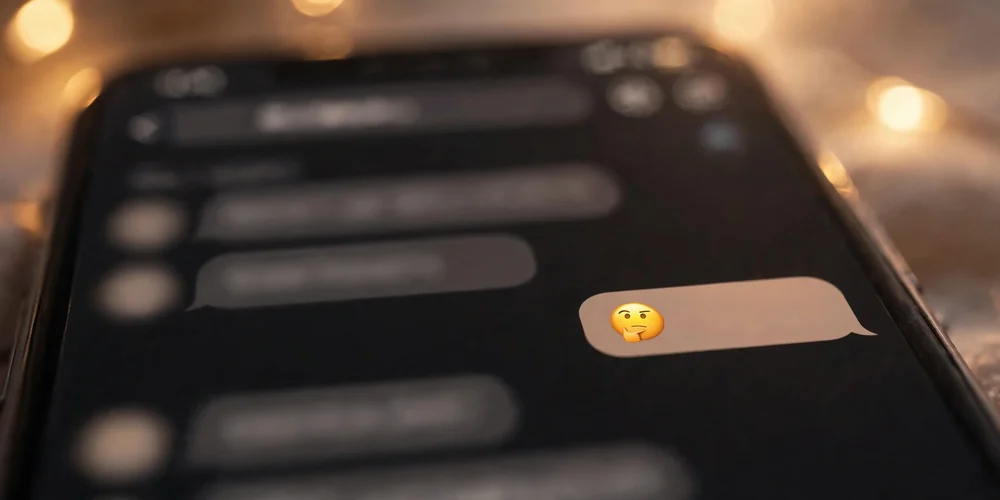 Close-up of a smartphone screen showing a short chat reply with a thinking face emoji