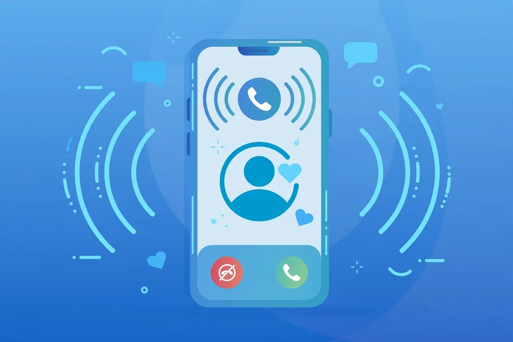 Two smartphones exchanging messages with a handshake symbol on pink and blue gradient.
