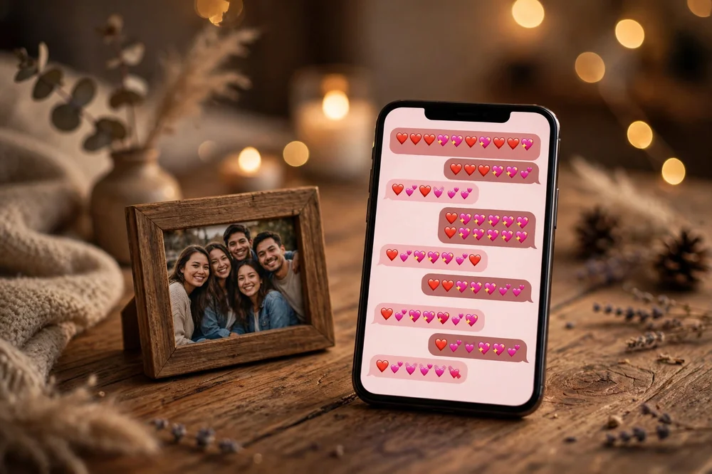 A smartphone showing a heartfelt chat with heart emojis beside a framed photo of friends