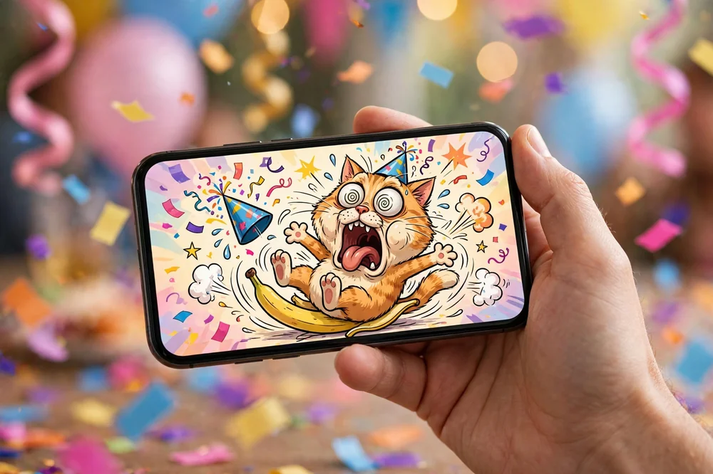 A smartphone displaying a humorous fail meme with bright playful colors