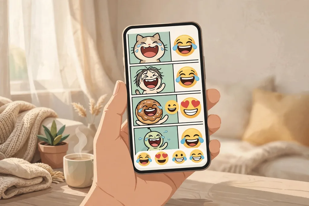 A hand holding a smartphone showing a funny meme feed with laughing reaction icons