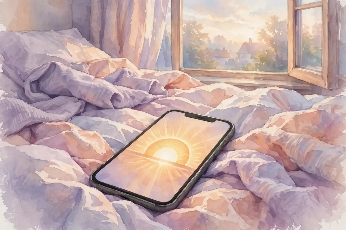 Smartphone on pastel bedsheets with a glowing sunrise on its screen beside a bright morning window