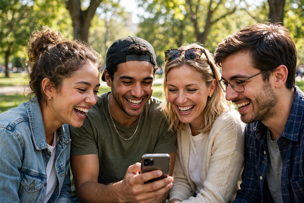 Group of friends laughing together while looking at a smartphone in a park