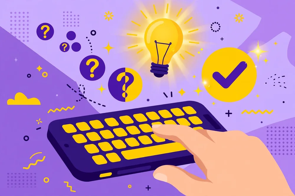 Hand typing on a smartphone with a glowing lightbulb and question bubbles turning into a check mark for mb slang