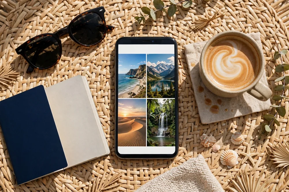 An overhead flat-lay of a phone with travel photos beside sunglasses, a passport, and coffee