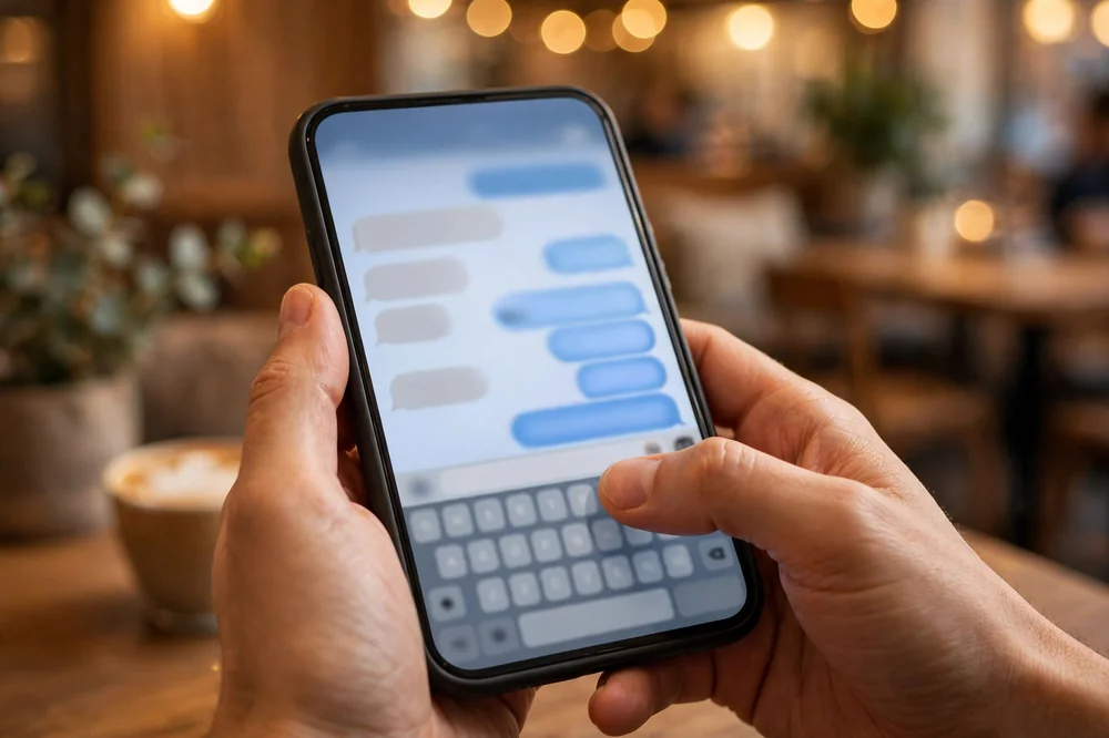 Hands holding a phone while typing an agreeable reply in a messaging app