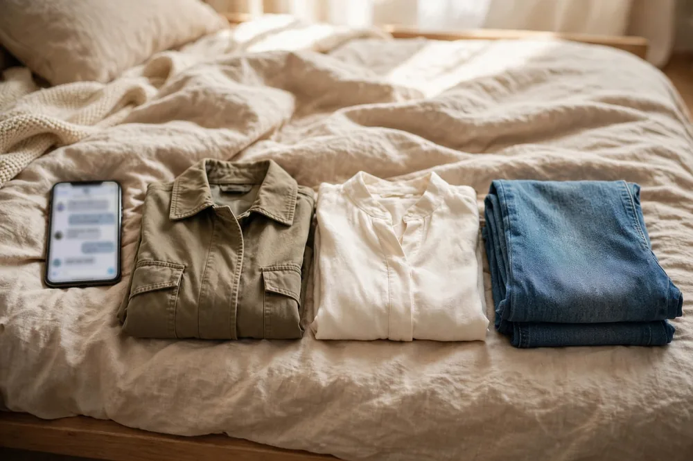 A smartphone showing a text chat about outfits next to folded clothes on a bed