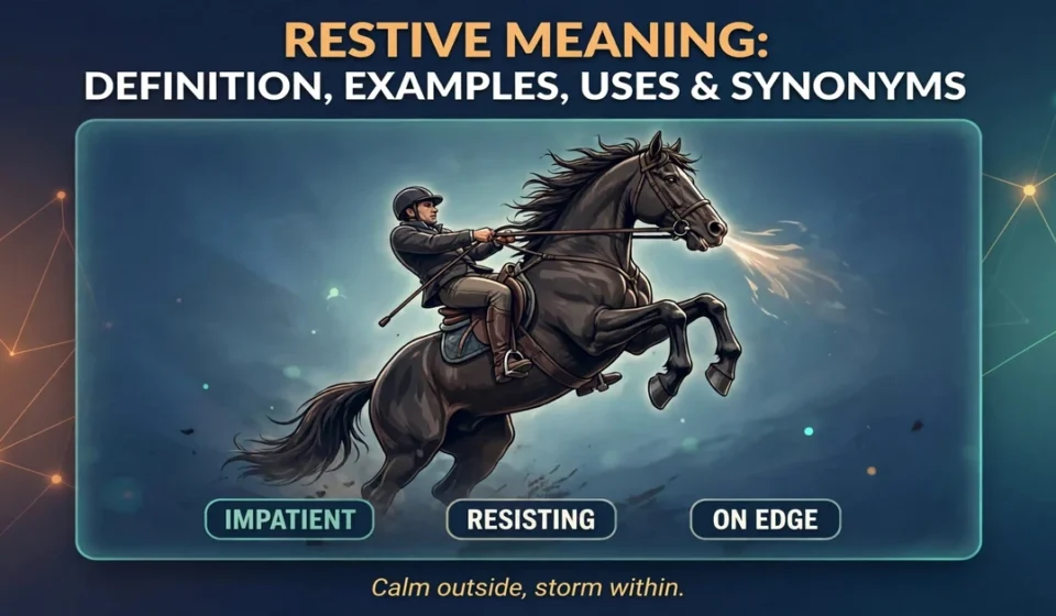 Restive meaning infographic: definition, examples, uses and synonyms