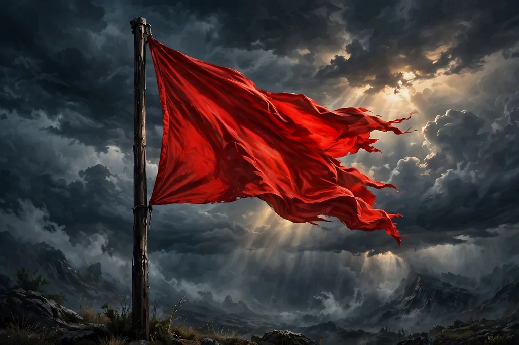 A red warning flag waving against a dramatic sky, illustrating rojo as red-flag energy in internet slang.