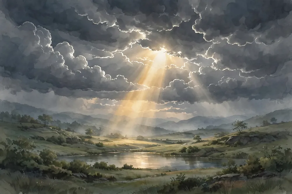 A sunbeam breaking through dark clouds, a symbol of hope after hardship