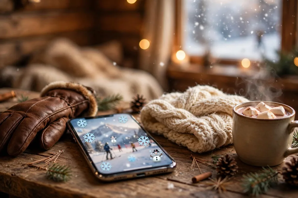A smartphone showing a winter ski trip photo caption with snow emojis on a wooden table
