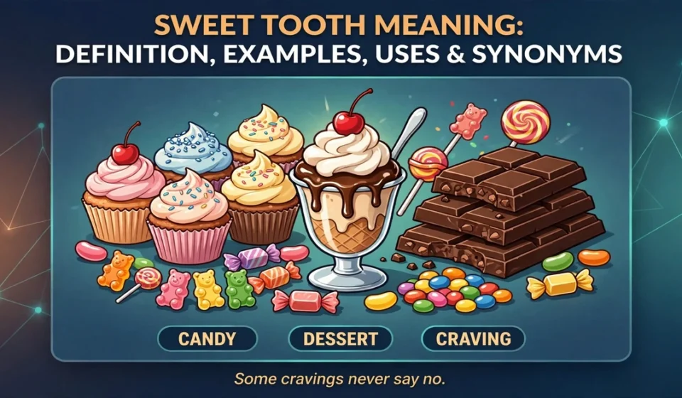 Sweet tooth meaning infographic: definition, examples, uses and synonyms