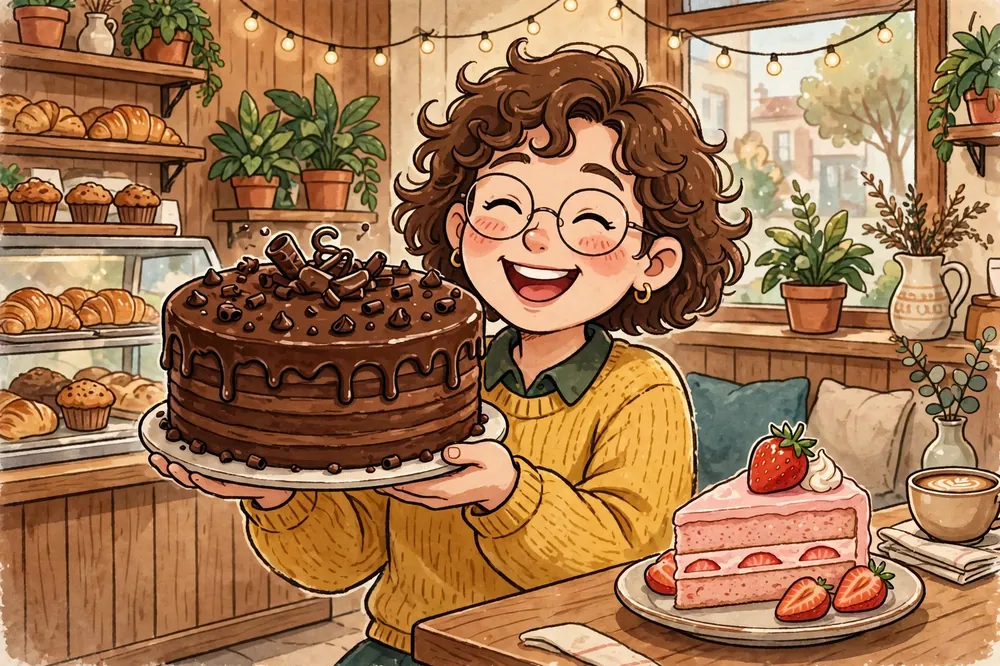 A happy person holding a chocolate cake in a cozy cafe