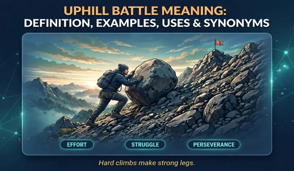 Uphill battle meaning infographic: definition, examples, uses and synonyms