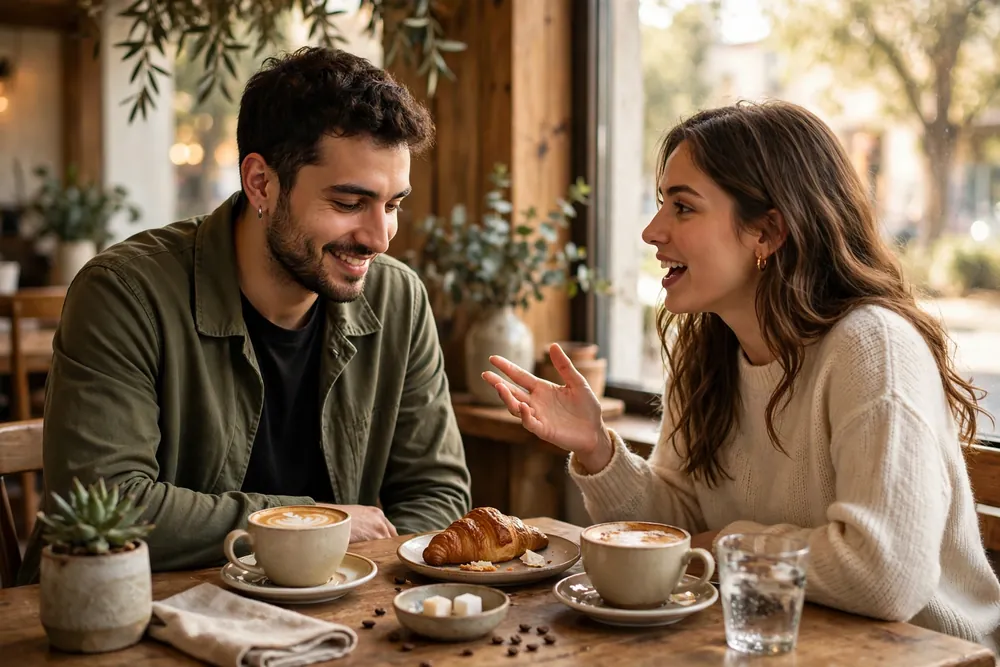 Two friends talking over coffee in a cafe, one nodding approvingly while the other speaks with expressive hand gestures