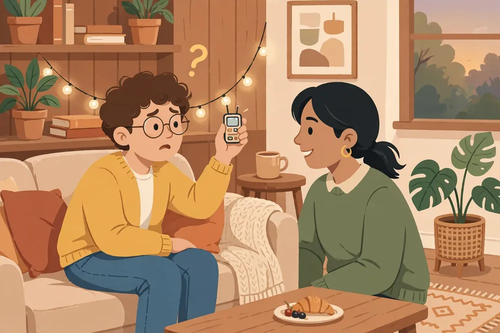 Two friends chatting, one holding up a gadget with a puzzled expression