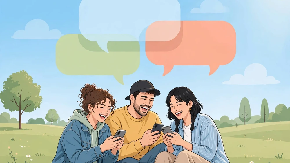 Group of friends texting in a park with message bubbles showing YK in conversations
